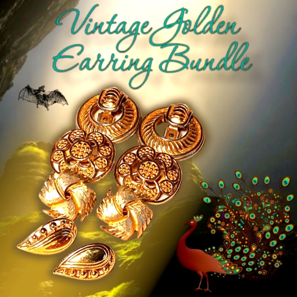 Vintage 80s Chunky Statement Goldtone Clip-on Earrings Bundle Monet et al.